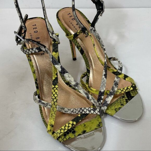 Ted Baker Theanaa Snakeskin Embossed Leather Heeled Sandals Neon Yellow size 37 - Picture 15 of 15